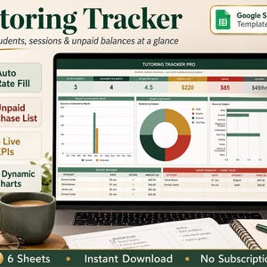 Tutoring Tracker Spreadsheet | Google Sheets | Student Roster, Session Log, Unpaid Balance & Dashboard