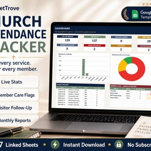 Puede incluir: Una pantalla de portátil muestra un panel de control de seguimiento de asistencia a la iglesia con estadísticas en vivo, indicadores de miembros, seguimiento de visitantes e informes mensuales, incluyendo gráficos y tablas de datos.