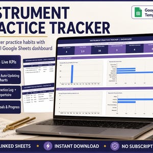 Instrument Practice Tracker Google Sheets | Music Practice Log | Repertoire, Goals & Dashboard