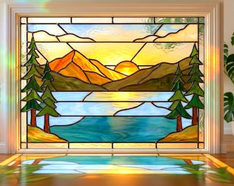 Mountain Stained Glass Pattern PDF, Digital Download Landscape Suncatcher Design, Sunset Nature Scene DIY Glass Art, Beginner Project