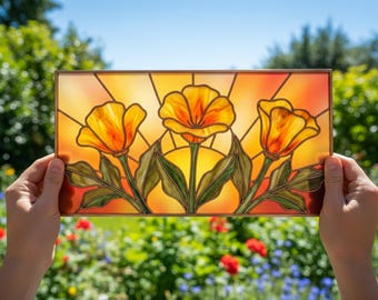 California Poppy Stained Glass Sun Catcher - Diy Stained Glass - Floral Window Hanging Art, digital download PATTERNS stained glass