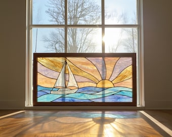 Sailboat Stained Glass Window Hanging, Sunset Ocean Glass Art, Horizontal Framed Sun Catcher, Nautical Home Decor, Beach House Wall Art QG15