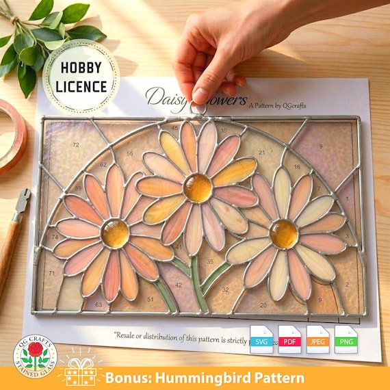 Daisy Stained Glass Suncatcher, digital download PATTERN stained glass suncatcher Flower stained glass, Diy Easy Stained Glass QG19