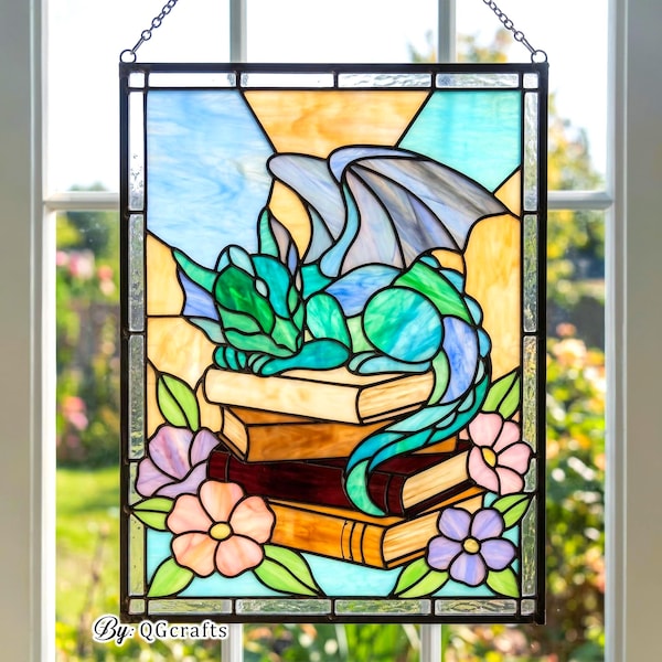 Patrón de vidriera de dragón en PDF, atrapasoles de dragón de fantasía para descarga digital, arte de cristal de dragón en vidrio, patrón de criatura mítica para manualidades, SVG