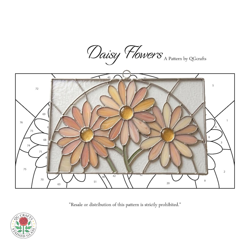 May include: Stained glass pattern featuring three daisy flowers in shades of peach, yellow, and orange. The design includes stems and a clear background, with the text "Daisy Flowers" and "A Pattern by QGcrafts".