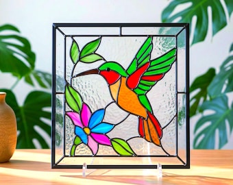 Colibri vitrail motif PDF, téléchargement numérique attrape-soleil, motif d'art en verre fleur et oiseau, création de verre, panneau de fenêtre PDF PNG