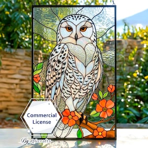 May include: Stained glass panel featuring a white owl with orange eyes, perched on a branch with orange flowers and green leaves. The artwork is framed in black and includes the text "Commercial License" and "By: QGcrafts".