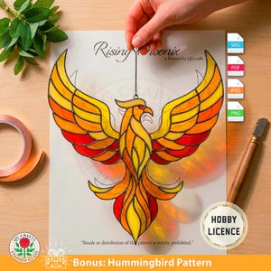Phoenix Stained Glass Pattern Digital Download | Mythical Bird Suncatcher PDF SVG | Firebird Glass Art Design for Beginners & Pros