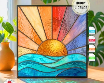 Modèle de vitrail PDF - Lever de soleil sur la mer - téléchargement numérique, projet de vitrail pour débutant, attrape-soleil océan bricolage, art du verre moderne
