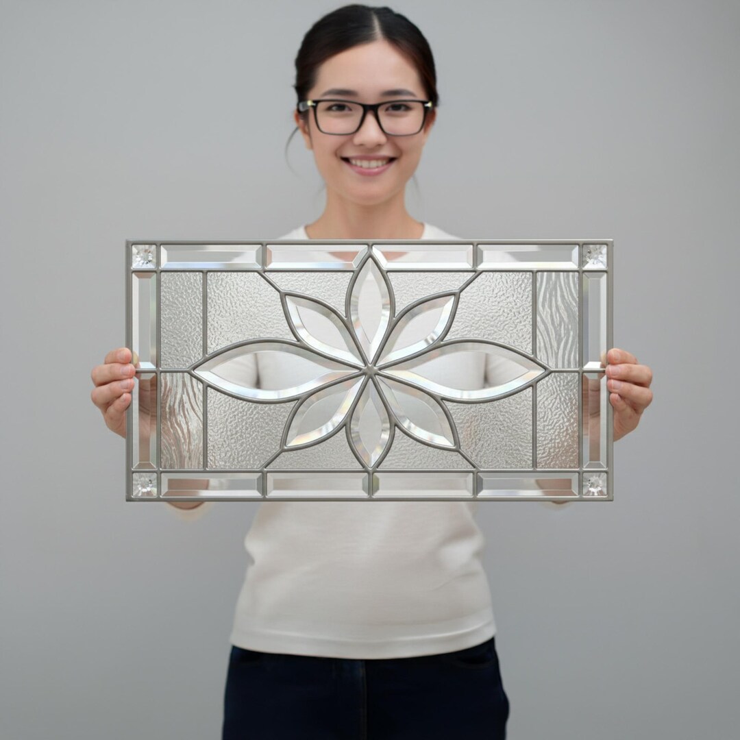 Beveled Glass Floral Window Panel - Clear Textured Stained Glass ...