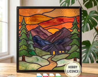 Patrón de vidrieras de montaña en PDF - Atrapasueños de paisaje natural QG36 - Cabaña rústica en el bosque y arte en vidrio al atardecer - Patrón de descarga digital