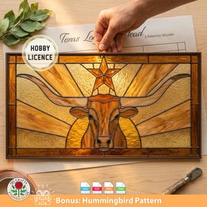 Puede incluir: Panel de vidrieras con un longhorn y una estrella, en tonos marrones y dorados. El panel tiene un marco marrón oscuro. El texto "Texas Longhorn" es visible. El panel está etiquetado como "Hobby Licence".