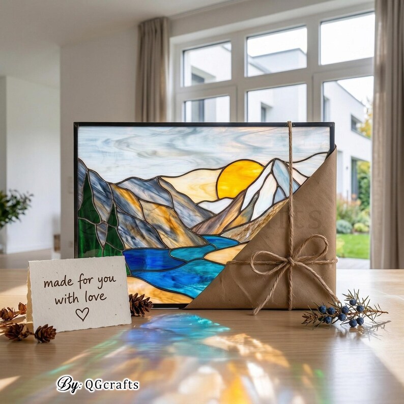 Peut inclure: Vitrail repr&eacute;sentant un paysage de montagne avec une rivi&egrave;re et un soleil couchant. L'&oelig;uvre est encadr&eacute;e en noir et envelopp&eacute;e dans du papier brun nou&eacute; avec de la ficelle. Une petite carte indique "made for you with love".