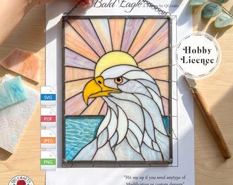 Bald Eagle Stained Glass Pattern PDF, Sunrise Glass Art, Digital Download DIY Glass Art Project, Eagle Window Panel Design QG133
