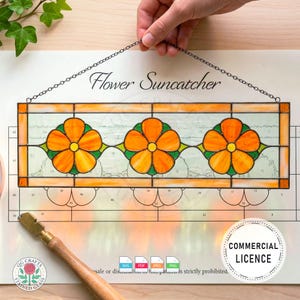 Commercial Stained Glass Pattern PDF - Triple Flower Suncatcher - Small Business Licence - Horizontal Floral Panel, Digital Download SVG PDF