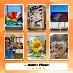 May include: A collection of stained glass art pieces, including a sunset, an eagle with an American flag, and a sunflower. The pieces are framed and displayed, showcasing vibrant colors and intricate designs. The image also includes a customer photo.