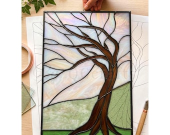 Motif de vitrail arbre balayé par le vent, modèle de vitrail téléchargement numérique LONELY TREE, projet d'art de vitrail facile vitrail bricolage