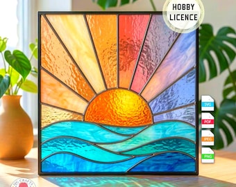 Stained Glass Pattern PDF - Sunrise Over The Sea - Digital Download, Beginner Stained Glass Project, DIY Ocean Suncatcher, Modern Glass Art
