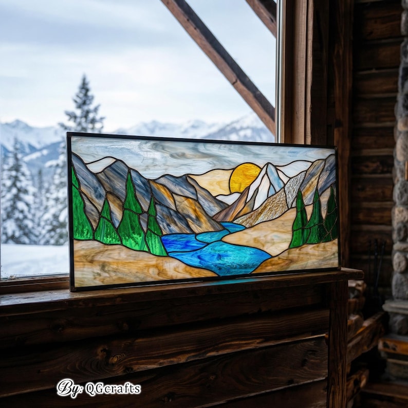 Téléchargement numérique de motif de vitrail de paysage de montagne, conception de Suncatcher de nature de soleil et de lac, bricolage de vitrail PDF SVG, décoration de cabine image 11