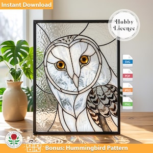 May include: Stained glass owl design with a black frame. The owl features white and gray feathers, with yellow eyes. The image includes the text "Instant Download" and "Bonus: Hummingbird Pattern".