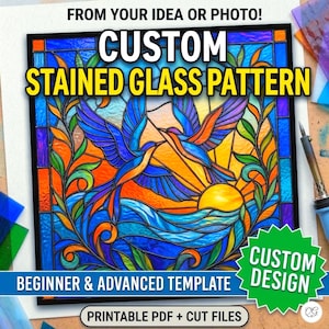 May include: A colorful stained glass pattern design featuring two birds in flight over a sunset and ocean scene. The image includes text that reads "CUSTOM STAINED GLASS PATTERN", "BEGINNER & ADVANCED TEMPLATE", and "CUSTOM DESIGN".