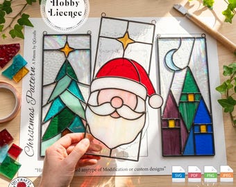 Christmas Stained Glass Pattern PDF SVG - Santa, Tree & Winter Village - Digital Download, Beginner Stained Glass Project, Suncatcher QG219