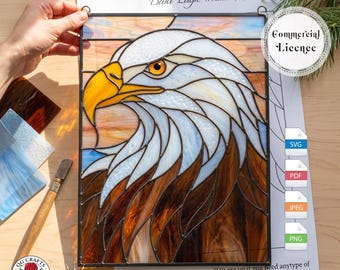 Commercial license, Bald Eagle Stained Glass Pattern PDF, American Bird Suncatcher Template, Eagle Window Panel QG131