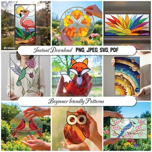 Peut inclure: Plusieurs cr&eacute;ations en vitrail, repr&eacute;sentant un flamant rose, des fleurs, un renard, un colibri, un coucher de soleil, un syst&egrave;me solaire, des cardinaux, un hibou et un geai bleu. Le texte "Instant Download PNG, JPEG, SVG, PDF" et "Beginner friendly Patterns" est &eacute;galement visible.