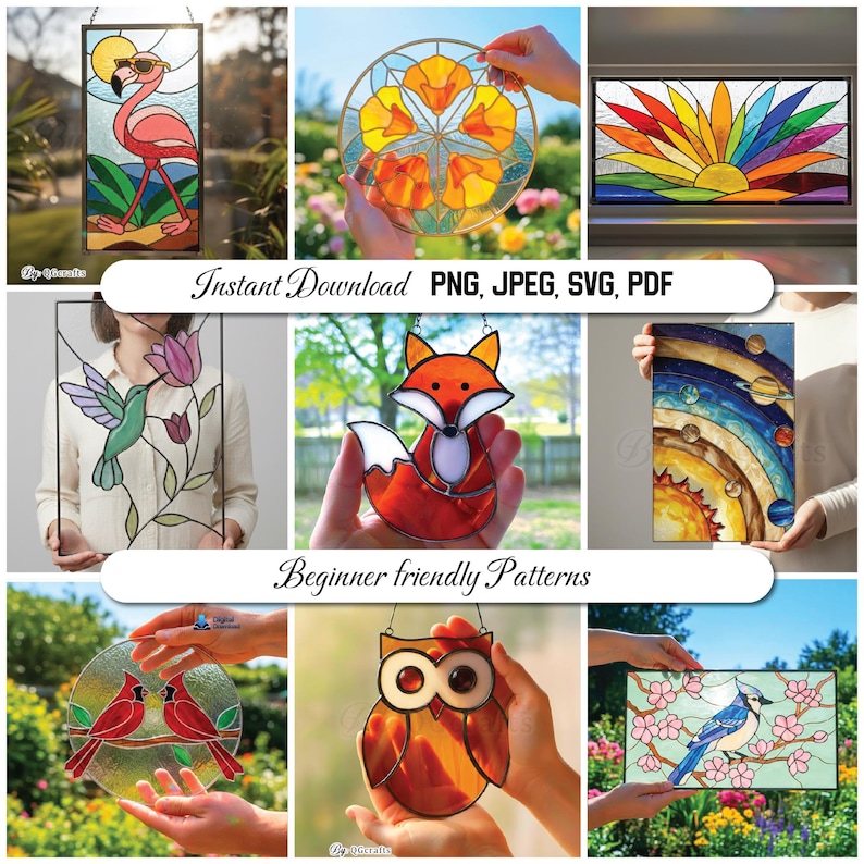 Peut inclure: Plusieurs cr&eacute;ations en vitrail, repr&eacute;sentant un flamant rose, des fleurs, un renard, un colibri, un coucher de soleil, un syst&egrave;me solaire, des cardinaux, un hibou et un geai bleu. Le texte "Instant Download PNG, JPEG, SVG, PDF" et "Beginner friendly Patterns" est &eacute;galement visible.