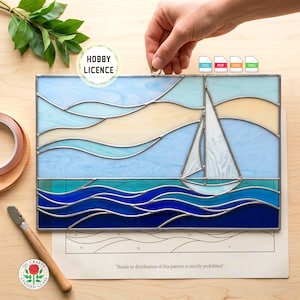Sailing Stained Glass Pattern Panel Ocean Boat - Iridescent Ocean Waves Window Hanging - Home Decor - Handmade PDF - Wall Art QG14