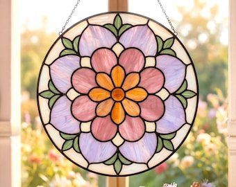 Ronde glas-in-lood bloem raamhanger, paarse en roze lotus raamdecoratie, geometrische bloemenmandala, handgemaakte glaskunst, woondecoratie
