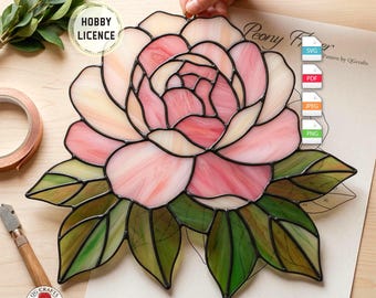 Peony Stained Glass Pattern Digital Download, Flower Suncatcher PDF Pattern, Floral Glass Art SVG, Stained Glass Supplies, QG9