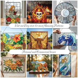 Peut inclure: Divers panneaux de vitrail avec des motifs vari&eacute;s : une femme lisant, un cr&acirc;ne, un motif c&eacute;leste, un colibri, un longhorn, un dragon, des roses, un ours et une sir&egrave;ne. Texte : Visitez notre boutique Etsy pour plus de motifs &eacute;tonnants et licence personnelle et commerciale.