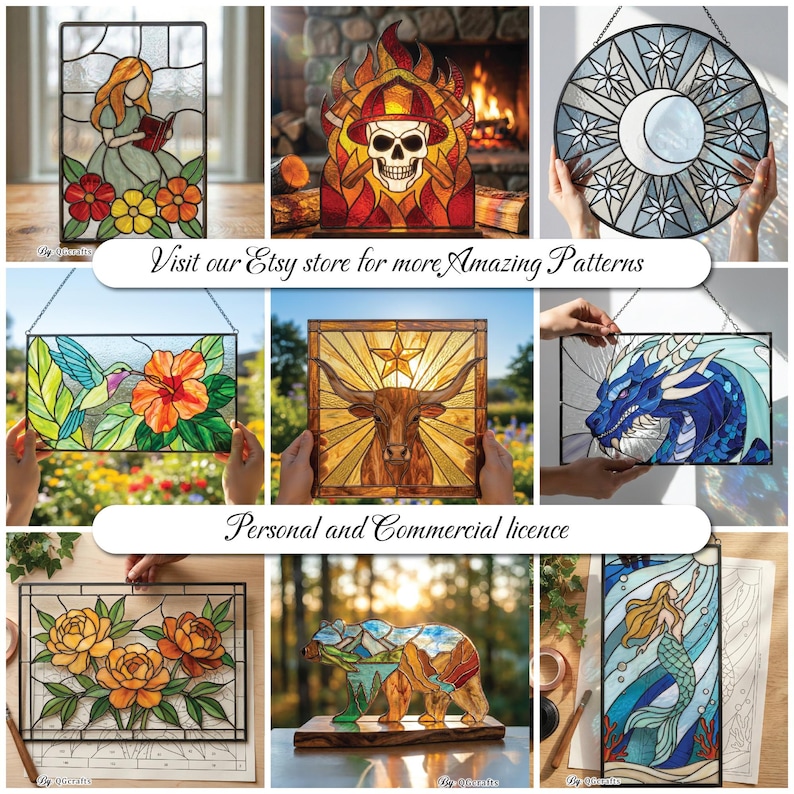 Peut inclure: Divers panneaux de vitrail avec des motifs vari&eacute;s : une femme lisant, un cr&acirc;ne, un motif c&eacute;leste, un colibri, un longhorn, un dragon, des roses, un ours et une sir&egrave;ne. Texte : Visitez notre boutique Etsy pour plus de motifs &eacute;tonnants et licence personnelle et commerciale.