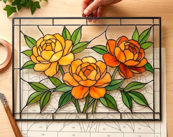 Peony Stained Glass Pattern, Stained glass panel peony Large stained glass Stained glass window hanging Orange peony, DIY Stained Glass Art