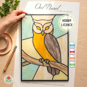 May include: Stained glass owl panel with a black frame. The owl is yellow, brown, and cream, perched on a branch. The panel includes the text "Owl Panel" and "Hobby Licence".