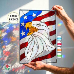 May include: Stained glass panel featuring an American flag design with a bald eagle. The flag has red and white stripes, blue field with white stars, and the eagle has a yellow beak and white feathers. The panel is framed in silver.