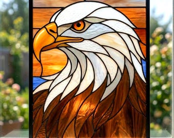 Wzór witrażu z orłem bielikiem w formacie PDF, szablon amerykańskiego łapacza słońca, projekt DIY ze szkła artystycznego do pobrania w wersji cyfrowej, projekt panelu okiennego z orłem