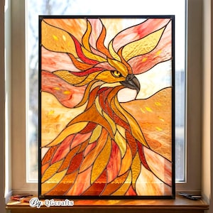 May include: Stained glass panel featuring a phoenix design. The artwork showcases a fiery color palette of orange, red, and yellow, with a black frame. The phoenix is depicted with detailed feathers and a focused gaze. The text "By: QGcrafts" is visible.