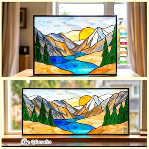 Téléchargement numérique de motif de vitrail de paysage de montagne, conception de Suncatcher de nature de soleil et de lac, bricolage de vitrail PDF SVG, décoration de cabine image 1