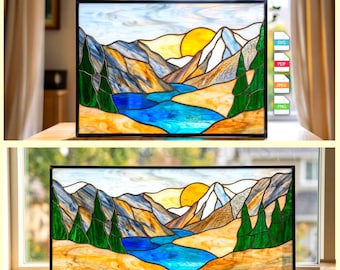 Berglandschap gebrandschilderd glaspatroon digitale download, zon en meer natuur Suncatcher ontwerp, DIY gebrandschilderd glas PDF SVG, cabinedecor