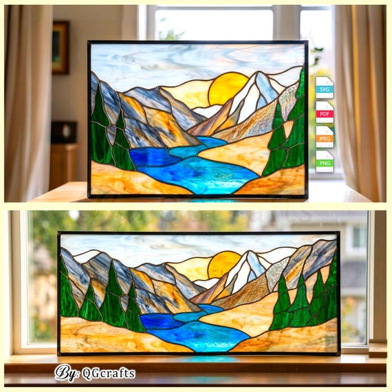 Mountain Landscape Stained Glass Pattern Digital Download, Sun and Lake Nature Suncatcher Design, DIY Stained Glass PDF SVG, Cabin Decor