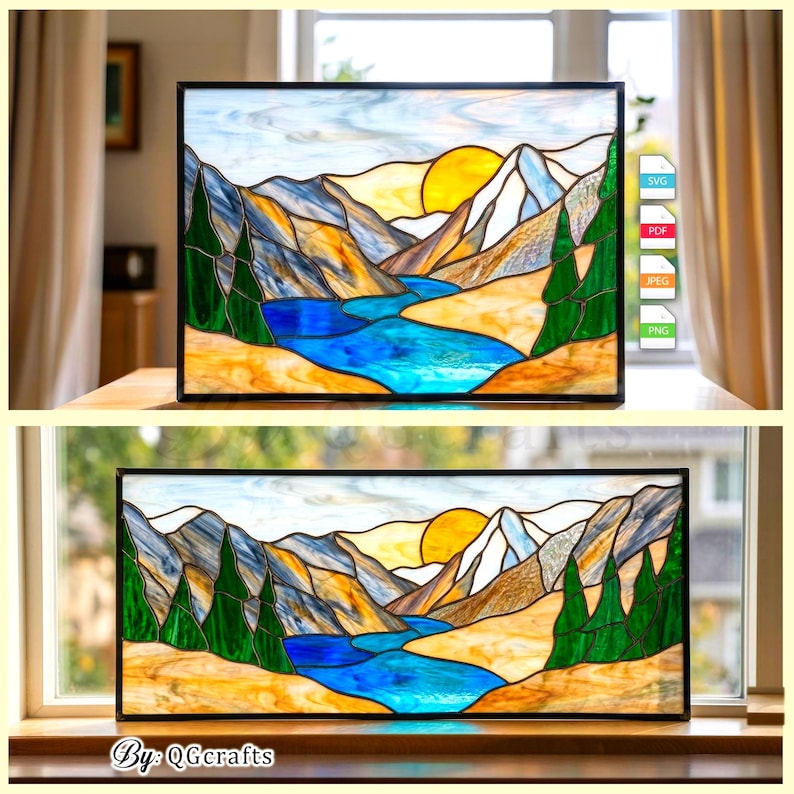 Téléchargement numérique de motif de vitrail de paysage de montagne, conception de Suncatcher de nature de soleil et de lac, bricolage de vitrail PDF SVG, décoration de cabine image 1