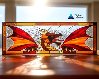 Red Dragon Stained Glass Pattern, Horizontal Suncatcher Template (Digital Download)