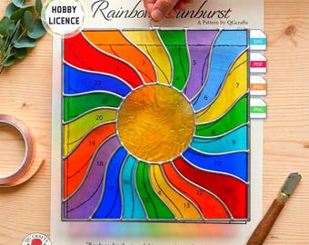 Rainbow Sunburst Stained Glass Pattern, Window Panel, Diy Stained Glass Easy Stained Glass Art Project, QG2