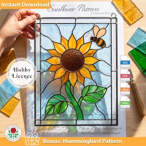 May include: Stained glass sunflower pattern with a bee, green leaves, and blue background. The design includes the text "Sunflower Pattern" and "Instant Download". The image also shows file type icons for SVG, PDF, JPEG, and PNG.