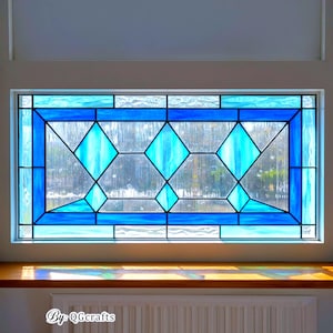 Geometric Diamond Stained Glass Pattern, Modern Blue Transom Panel (Digital Download PDF)