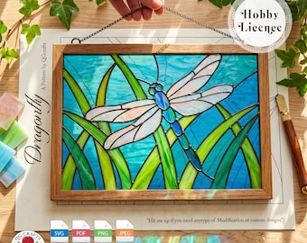 Dragonfly Stained Glass Pattern Digital Download, Easy DIY Glass Art Project, Suncatcher Panel Template, Bonus Hummingbird, SVG PDF QG164