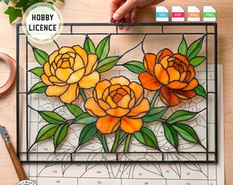 Peony Stained Glass Pattern, Stained glass panel peony Large stained glass Stained glass window hanging Orange peony, DIY Stained Glass QG82