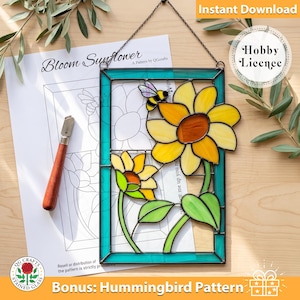 Sunflower Stained Glass Pattern Digital Download | Beginner Friendly Bee Suncatcher | Hobby License Printable PDF Template-QG203